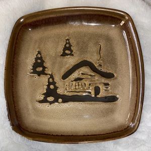 Woodland Collection  9” plate  Cabin Trees pottery Brown Rustic. EUC